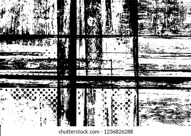 Grunge overlay layer. Abstract black and white vector background. Monochrome vintage surface with dirty pattern in cracks, spots, dots. Old wall in dark horror style design