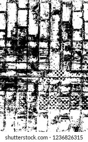Grunge overlay layer. Abstract black and white vector background. Monochrome vintage surface with dirty pattern in cracks, spots, dots. Old wall in dark horror style design