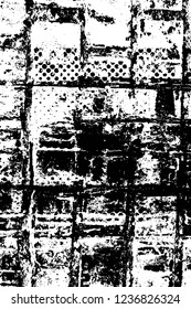 Grunge overlay layer. Abstract black and white vector background. Monochrome vintage surface with dirty pattern in cracks, spots, dots. Old wall in dark horror style design