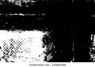 Grunge overlay layer. Abstract black and white vector background. Monochrome vintage surface with dirty pattern in cracks, spots, dots. Old wall in dark horror style design