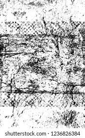 Grunge overlay layer. Abstract black and white vector background. Monochrome vintage surface with dirty pattern in cracks, spots, dots. Old wall in dark horror style design