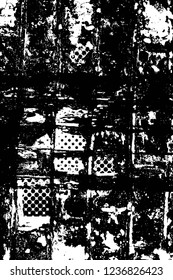 Grunge overlay layer. Abstract black and white vector background. Monochrome vintage surface with dirty pattern in cracks, spots, dots. Old wall in dark horror style design