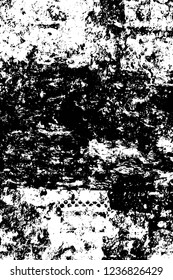Grunge overlay layer. Abstract black and white vector background. Monochrome vintage surface with dirty pattern in cracks, spots, dots. Old wall in dark horror style design