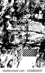 Grunge overlay layer. Abstract black and white vector background. Monochrome vintage surface with dirty pattern in cracks, spots, dots. Old wall in dark horror style design