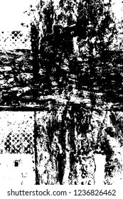 Grunge overlay layer. Abstract black and white vector background. Monochrome vintage surface with dirty pattern in cracks, spots, dots. Old wall in dark horror style design