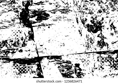 Grunge overlay layer. Abstract black and white vector background. Monochrome vintage surface with dirty pattern in cracks, spots, dots. Old wall in dark horror style design