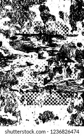 Grunge overlay layer. Abstract black and white vector background. Monochrome vintage surface with dirty pattern in cracks, spots, dots. Old wall in dark horror style design