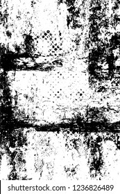 Grunge overlay layer. Abstract black and white vector background. Monochrome vintage surface with dirty pattern in cracks, spots, dots. Old wall in dark horror style design