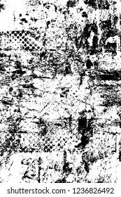 Grunge overlay layer. Abstract black and white vector background. Monochrome vintage surface with dirty pattern in cracks, spots, dots. Old wall in dark horror style design