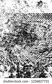 Grunge overlay layer. Abstract black and white vector background. Monochrome vintage surface with dirty pattern in cracks, spots, dots. Old wall in dark horror style design