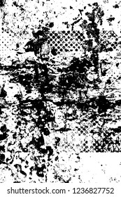 Grunge overlay layer. Abstract black and white vector background. Monochrome vintage surface with dirty pattern in cracks, spots, dots. Old wall in dark horror style design