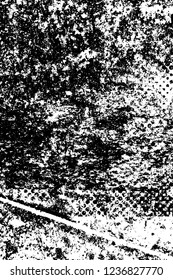 Grunge overlay layer. Abstract black and white vector background. Monochrome vintage surface with dirty pattern in cracks, spots, dots. Old wall in dark horror style design