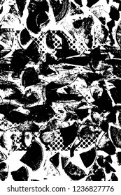 Grunge overlay layer. Abstract black and white vector background. Monochrome vintage surface with dirty pattern in cracks, spots, dots. Old wall in dark horror style design