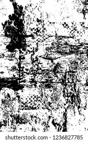 Grunge overlay layer. Abstract black and white vector background. Monochrome vintage surface with dirty pattern in cracks, spots, dots. Old wall in dark horror style design