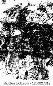 Grunge overlay layer. Abstract black and white vector background. Monochrome vintage surface with dirty pattern in cracks, spots, dots. Old wall in dark horror style design