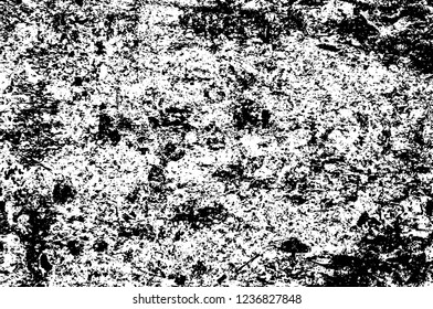 Grunge overlay layer. Abstract black and white vector background. Monochrome vintage surface with dirty pattern in cracks, spots, dots. Old wall in dark horror style design