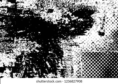 Grunge overlay layer. Abstract black and white vector background. Monochrome vintage surface with dirty pattern in cracks, spots, dots. Old wall in dark horror style design
