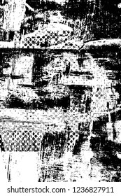 Grunge overlay layer. Abstract black and white vector background. Monochrome vintage surface with dirty pattern in cracks, spots, dots. Old wall in dark horror style design
