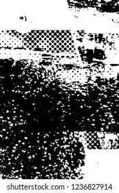 Grunge overlay layer. Abstract black and white vector background. Monochrome vintage surface with dirty pattern in cracks, spots, dots. Old wall in dark horror style design