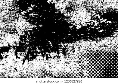 Grunge overlay layer. Abstract black and white vector background. Monochrome vintage surface with dirty pattern in cracks, spots, dots. Old wall in dark horror style design
