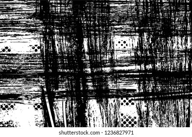 Grunge overlay layer. Abstract black and white vector background. Monochrome vintage surface with dirty pattern in cracks, spots, dots. Old wall in dark horror style design