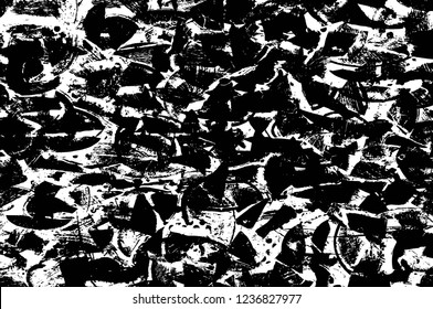 Grunge overlay layer. Abstract black and white vector background. Monochrome vintage surface with dirty pattern in cracks, spots, dots. Old wall in dark horror style design
