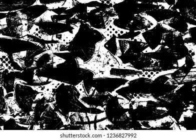 Grunge overlay layer. Abstract black and white vector background. Monochrome vintage surface with dirty pattern in cracks, spots, dots. Old wall in dark horror style design
