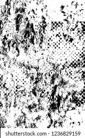 Grunge overlay layer. Abstract black and white vector background. Monochrome vintage surface with dirty pattern in cracks, spots, dots. Old wall in dark horror style design