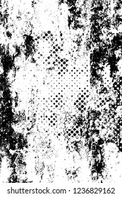 Grunge overlay layer. Abstract black and white vector background. Monochrome vintage surface with dirty pattern in cracks, spots, dots. Old wall in dark horror style design