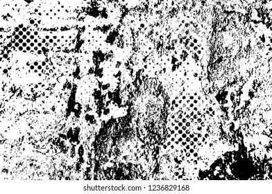 Grunge overlay layer. Abstract black and white vector background. Monochrome vintage surface with dirty pattern in cracks, spots, dots. Old wall in dark horror style design