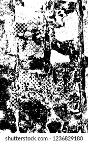 Grunge overlay layer. Abstract black and white vector background. Monochrome vintage surface with dirty pattern in cracks, spots, dots. Old wall in dark horror style design