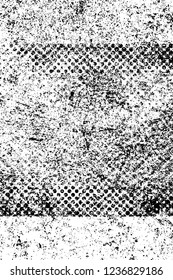 Grunge overlay layer. Abstract black and white vector background. Monochrome vintage surface with dirty pattern in cracks, spots, dots. Old wall in dark horror style design