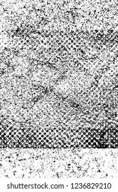 Grunge overlay layer. Abstract black and white vector background. Monochrome vintage surface with dirty pattern in cracks, spots, dots. Old wall in dark horror style design