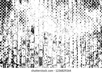 Grunge overlay layer. Abstract black and white vector background. Monochrome vintage surface with dirty pattern in cracks, spots, dots. Old wall in dark horror style design