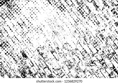 Grunge overlay layer. Abstract black and white vector background. Monochrome vintage surface with dirty pattern in cracks, spots, dots. Old wall in dark horror style design
