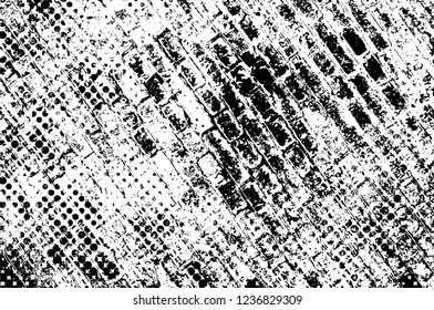 Grunge overlay layer. Abstract black and white vector background. Monochrome vintage surface with dirty pattern in cracks, spots, dots. Old wall in dark horror style design