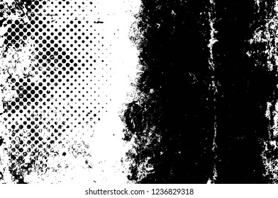 Grunge overlay layer. Abstract black and white vector background. Monochrome vintage surface with dirty pattern in cracks, spots, dots. Old wall in dark horror style design