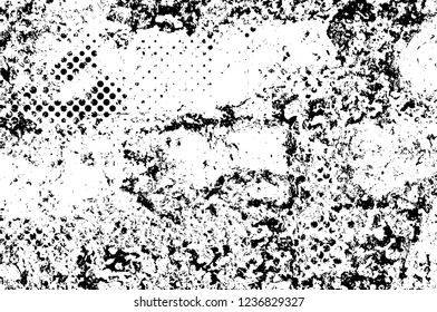 Grunge overlay layer. Abstract black and white vector background. Monochrome vintage surface with dirty pattern in cracks, spots, dots. Old wall in dark horror style design