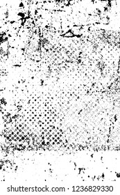 Grunge overlay layer. Abstract black and white vector background. Monochrome vintage surface with dirty pattern in cracks, spots, dots. Old wall in dark horror style design