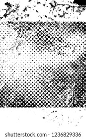 Grunge overlay layer. Abstract black and white vector background. Monochrome vintage surface with dirty pattern in cracks, spots, dots. Old wall in dark horror style design