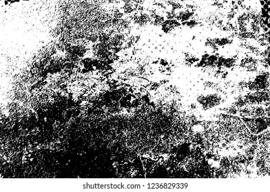 Grunge overlay layer. Abstract black and white vector background. Monochrome vintage surface with dirty pattern in cracks, spots, dots. Old wall in dark horror style design