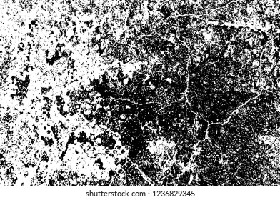 Grunge overlay layer. Abstract black and white vector background. Monochrome vintage surface with dirty pattern in cracks, spots, dots. Old wall in dark horror style design