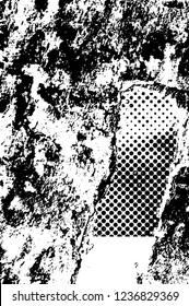 Grunge overlay layer. Abstract black and white vector background. Monochrome vintage surface with dirty pattern in cracks, spots, dots. Old wall in dark horror style design