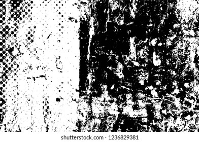 Grunge overlay layer. Abstract black and white vector background. Monochrome vintage surface with dirty pattern in cracks, spots, dots. Old wall in dark horror style design