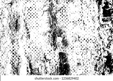 Grunge overlay layer. Abstract black and white vector background. Monochrome vintage surface with dirty pattern in cracks, spots, dots. Old wall in dark horror style design