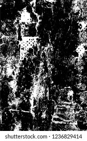 Grunge overlay layer. Abstract black and white vector background. Monochrome vintage surface with dirty pattern in cracks, spots, dots. Old wall in dark horror style design
