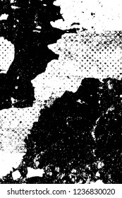 Grunge overlay layer. Abstract black and white vector background. Monochrome vintage surface with dirty pattern in cracks, spots, dots. Old wall in dark horror style design