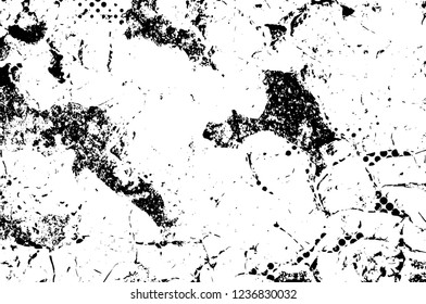 Grunge overlay layer. Abstract black and white vector background. Monochrome vintage surface with dirty pattern in cracks, spots, dots. Old wall in dark horror style design