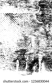 Grunge overlay layer. Abstract black and white vector background. Monochrome vintage surface with dirty pattern in cracks, spots, dots. Old wall in dark horror style design