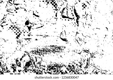 Grunge overlay layer. Abstract black and white vector background. Monochrome vintage surface with dirty pattern in cracks, spots, dots. Old wall in dark horror style design